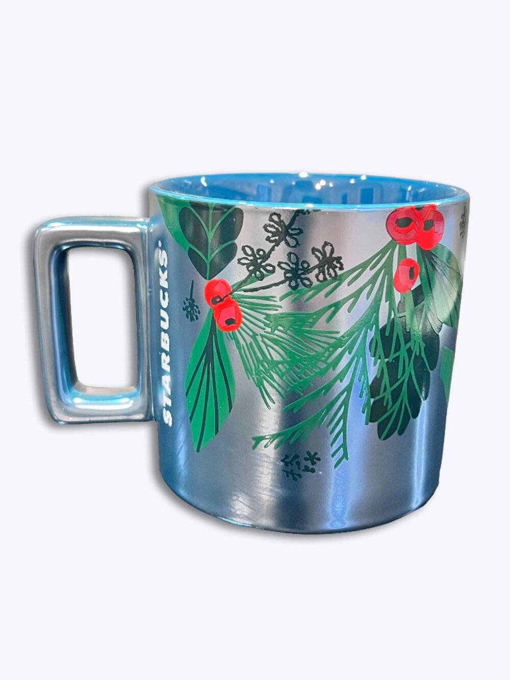 Starbucks Christmas Holiday 2021 Coffee Mug Blue Metallic Holly Berry Pine 14oz